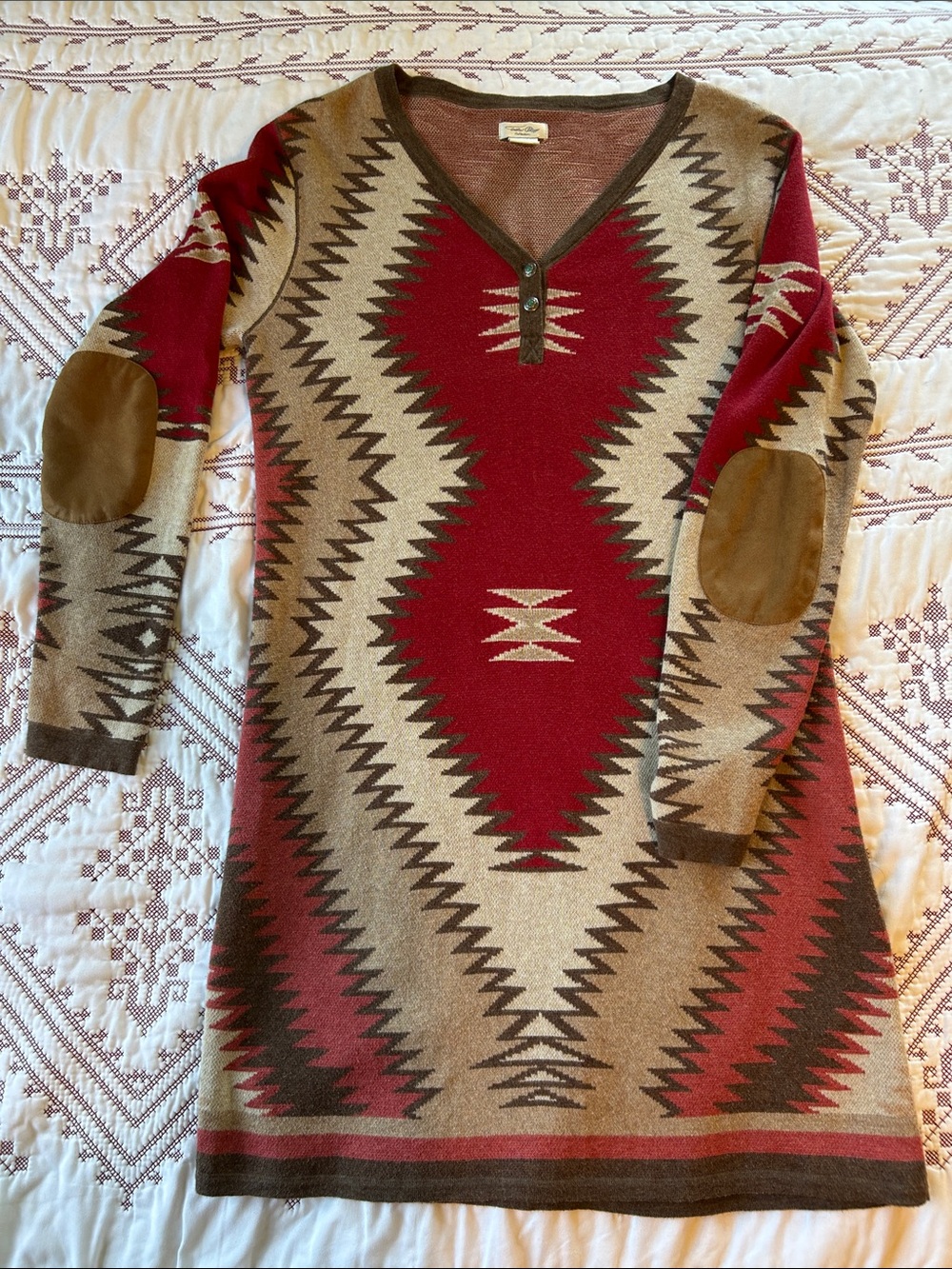 Tasha Polizzi Red and Tan Aztec V-Neck Sweater Dress